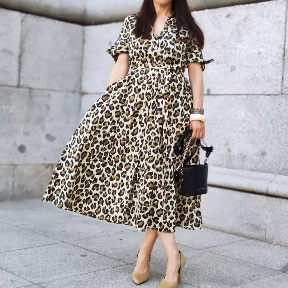 Zara Animal Print MIDI Dress - Black and Tan M NWT